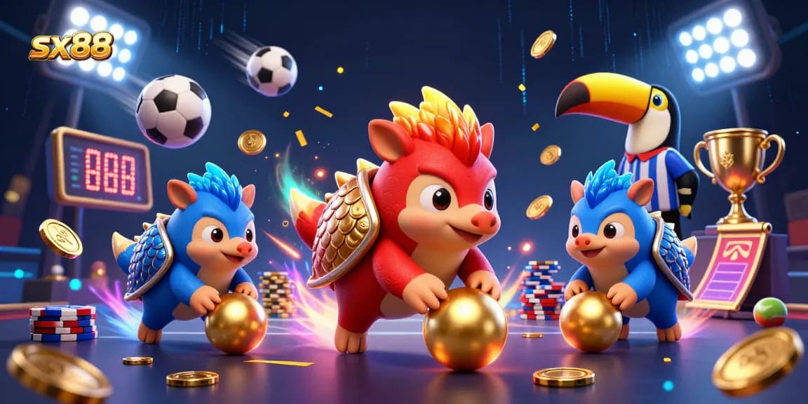 SX88 vibrant pangolins competing in a dynamic gambling scene with poker chips and sports elements.