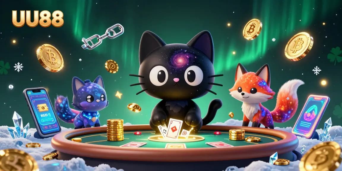 Win at UU88 casino with dynamic 3D illustration of games, crypto coins, and vibrant characters.