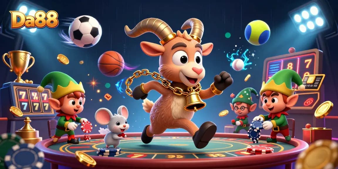 Da88 presents a festive holiday-horror casino with Krampus and angel mouse amidst chaotic poker chip action.