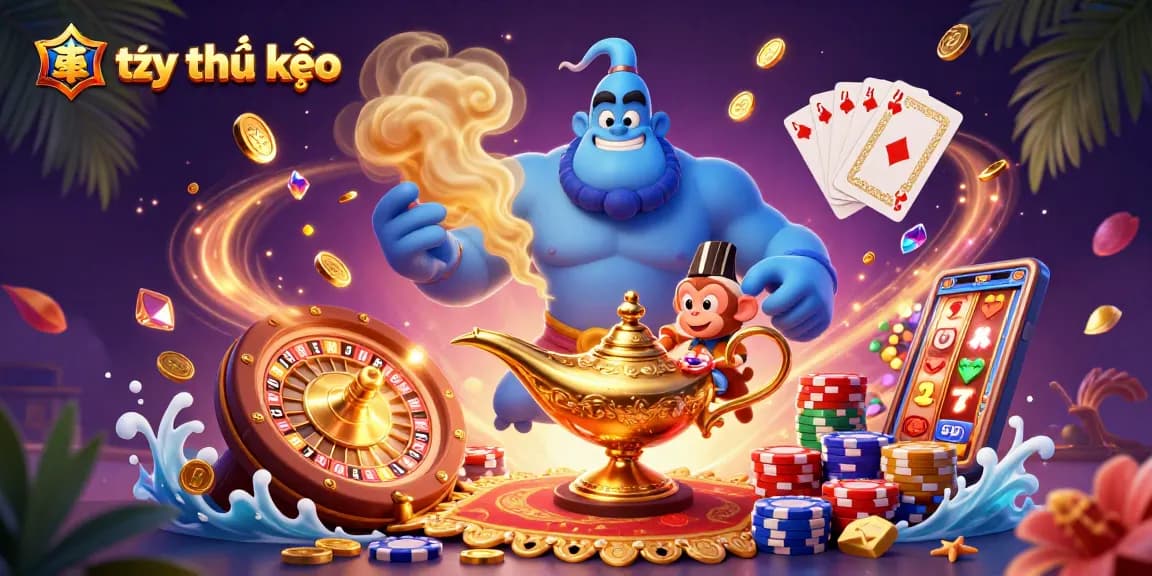 Engage with tỷ lệ kèo in an ultra-detailed casino scene showcasing a genie, monkey, and poker chips.