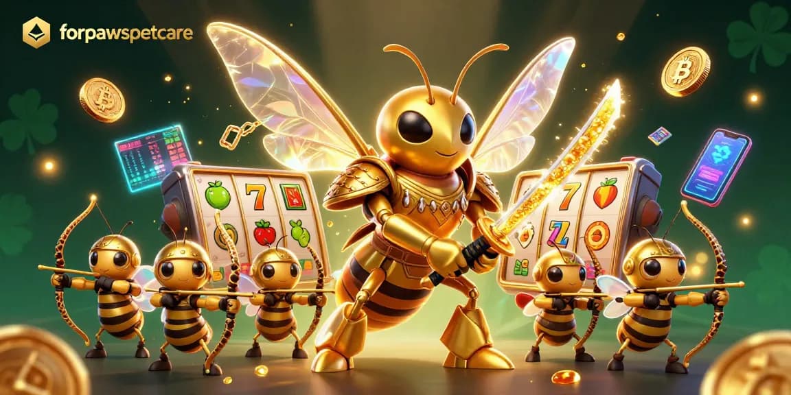 Engage with forpawspetcare while spinning slot reels, surrounded by a samurai hornet and bee archers in a dynamic casino scene.
