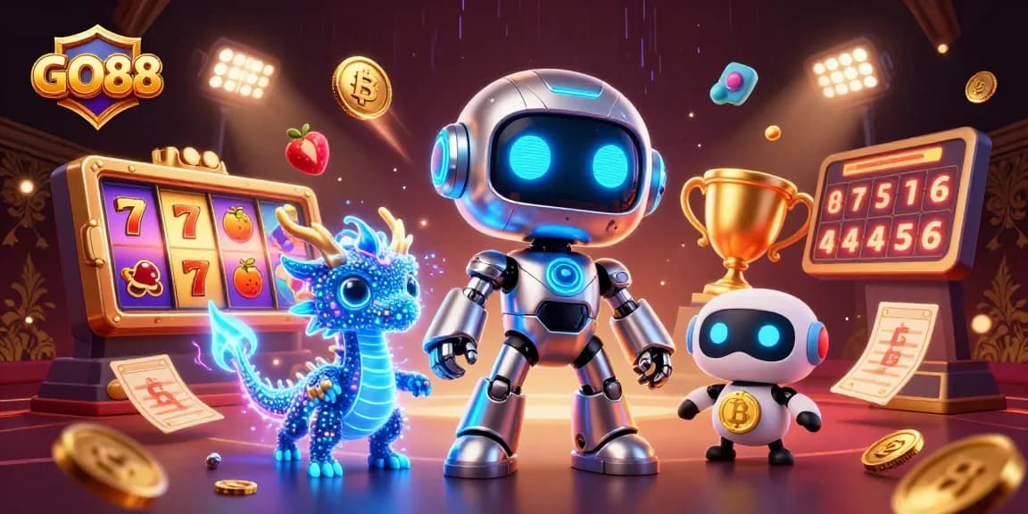 Experience GO88 with a vibrant casino scene featuring 3D characters and dynamic slot games.