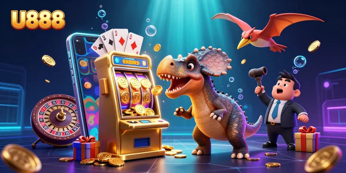 Experience U888 excitement as a pachycephalosaurus hits a slot machine for jackpot coins.
