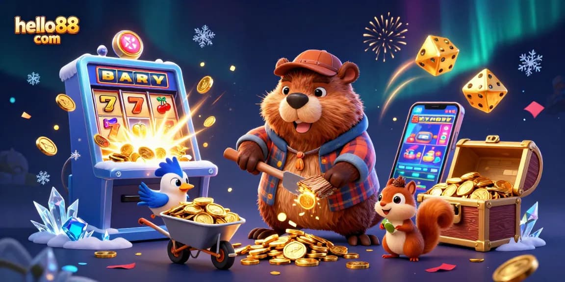 Experience winning thrills with hello88 com as a festive scene shows cartoon characters celebrating big slot wins.