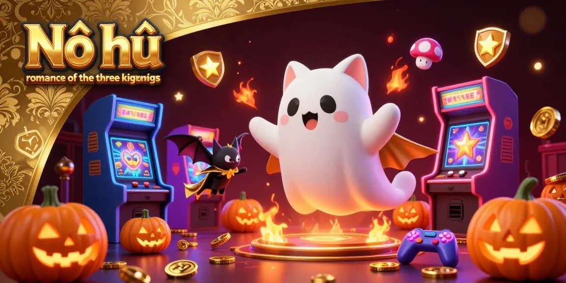 Nổ hũ romance of the three kingdoms features vibrant characters in a haunted casino environment, with animated slot machines and glowing gameplay elements.