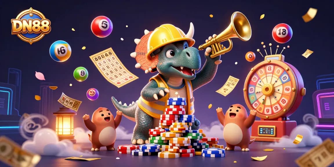 Experience the vibrant excitement of DN88 with a festive triceratops and lottery elements.