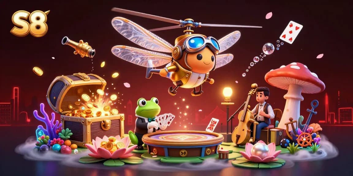 S8 showcases a vibrant casino scene with a dragonfly pilot and frog croupier amid wealth and excitement.