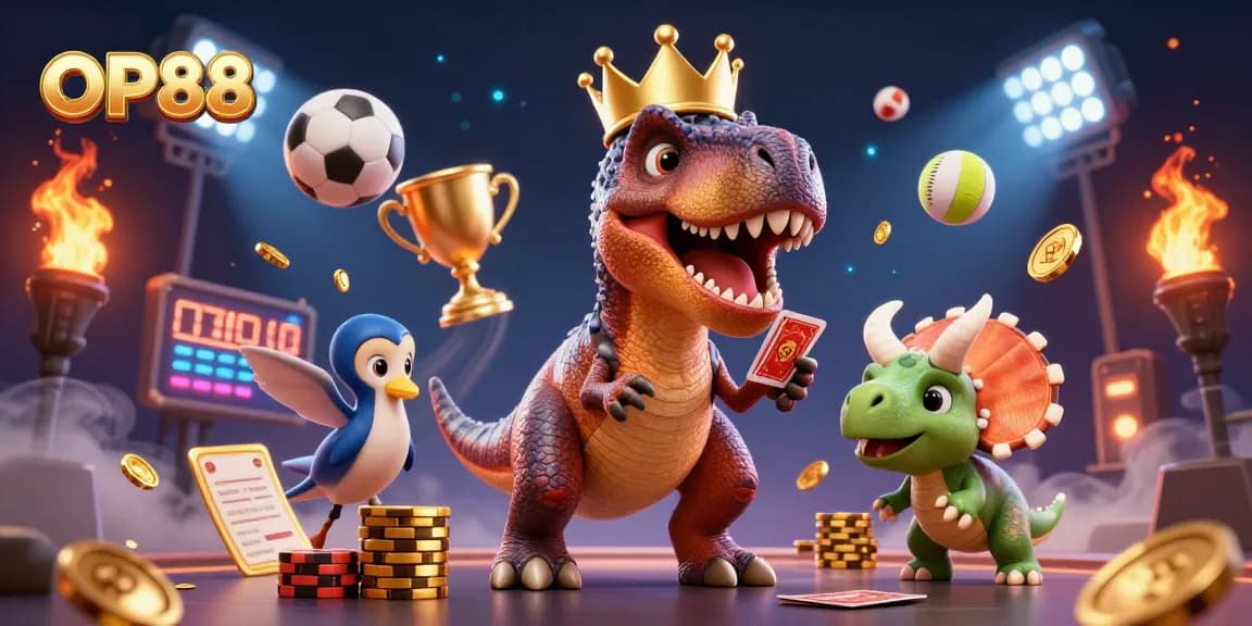 OP88 showcases engaging sports-themed illustrations with vibrant characters and dynamic gambling elements.