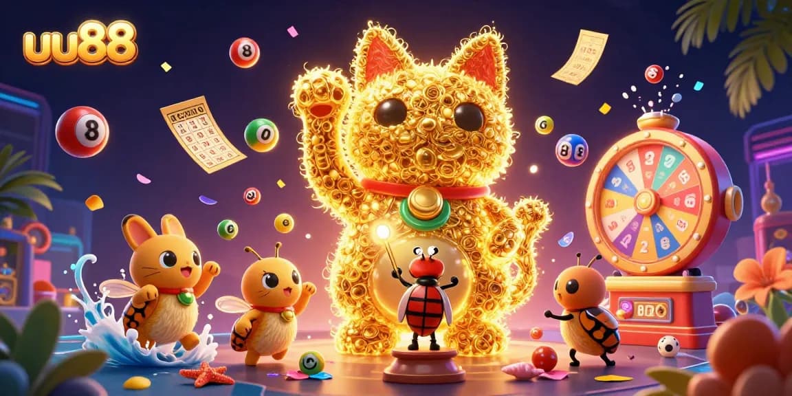 Experience the thrill of uu88 with a vibrant visual of a lucky cat and dynamic casino symbols.