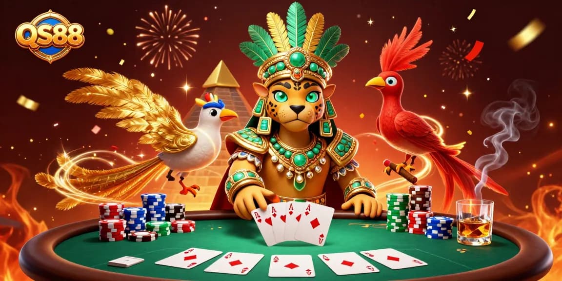 Experience top-tier gaming with QS88's vibrant 3D casino scene and dynamic poker elements.