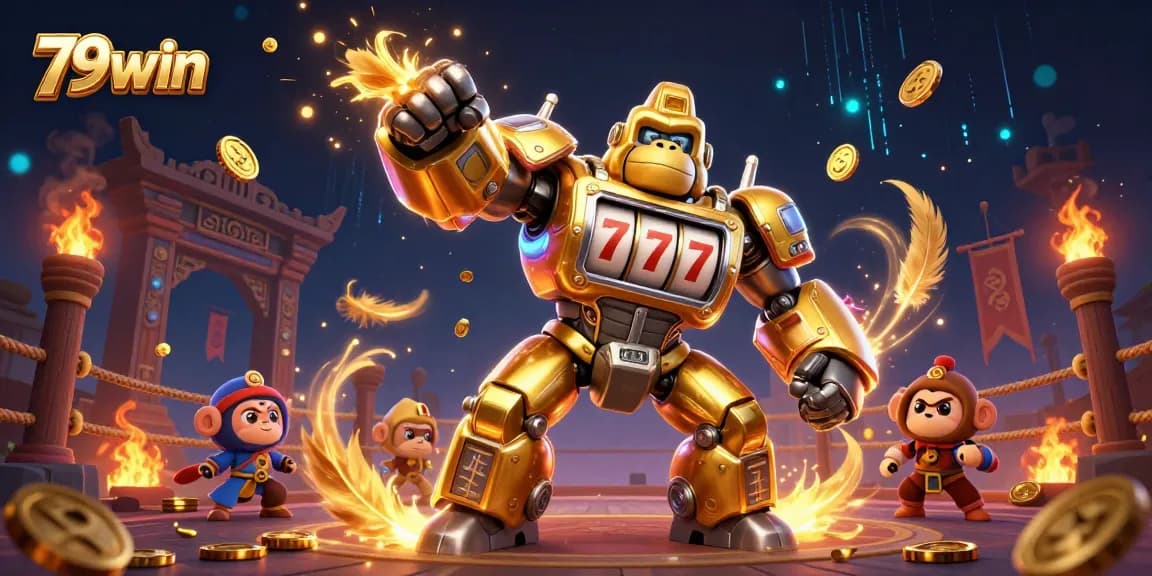 Experience thrilling action in 79win with a golden gorilla mech and explosive casino elements.
