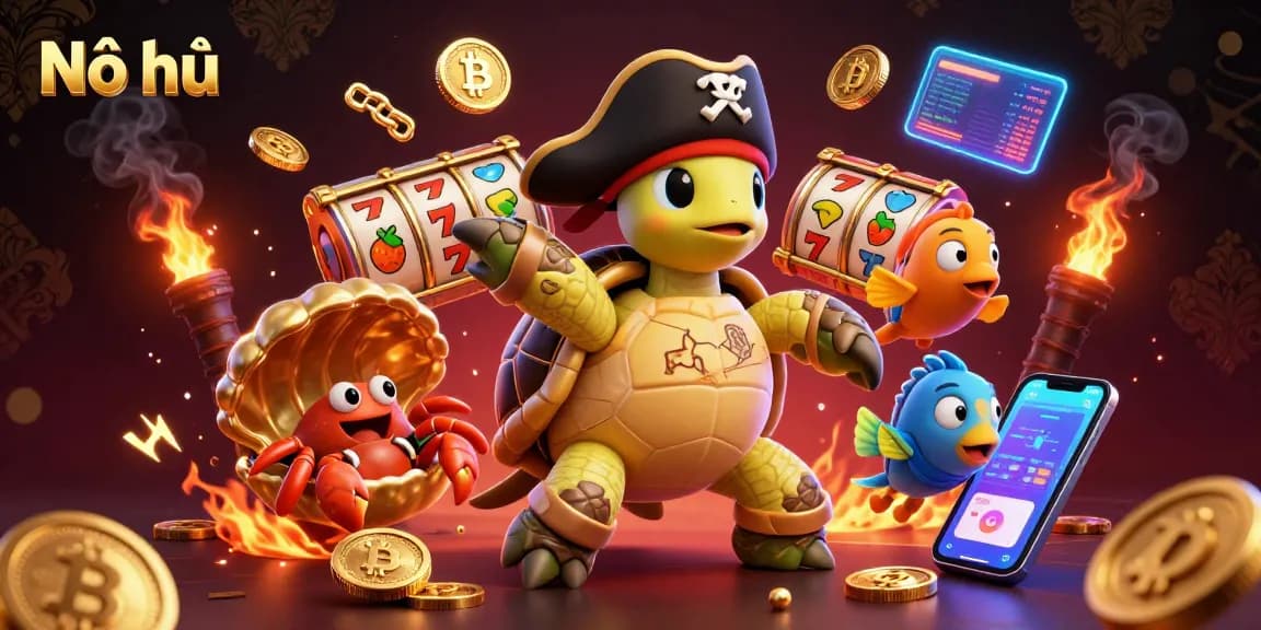 Nổ hũ: A vibrant 3D cartoon scene depicting a pirate turtle, hermit crab, and parrotfish amidst slot reels and crypto coins.