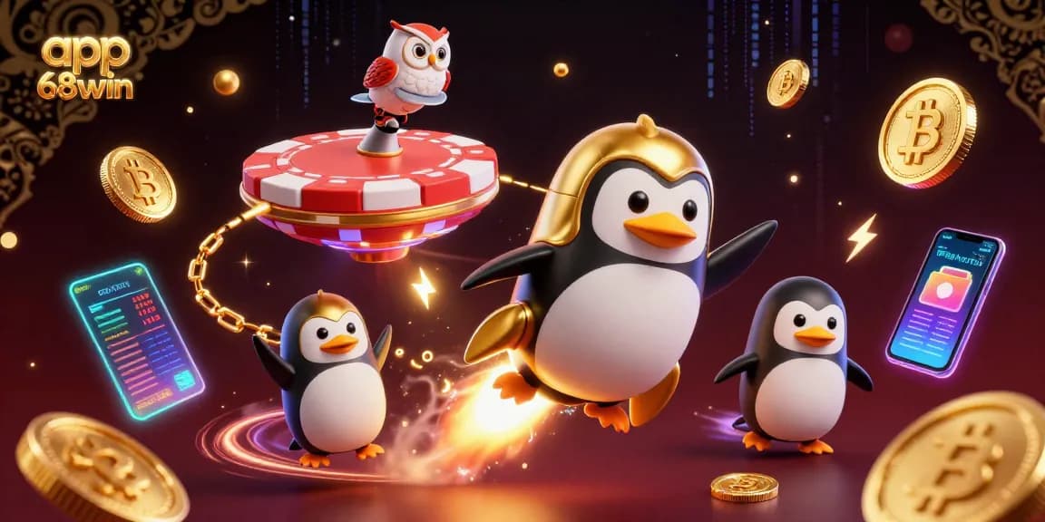Win big with app 68win as the golden penguin blasts toward the casino in a vibrant 3D scene.