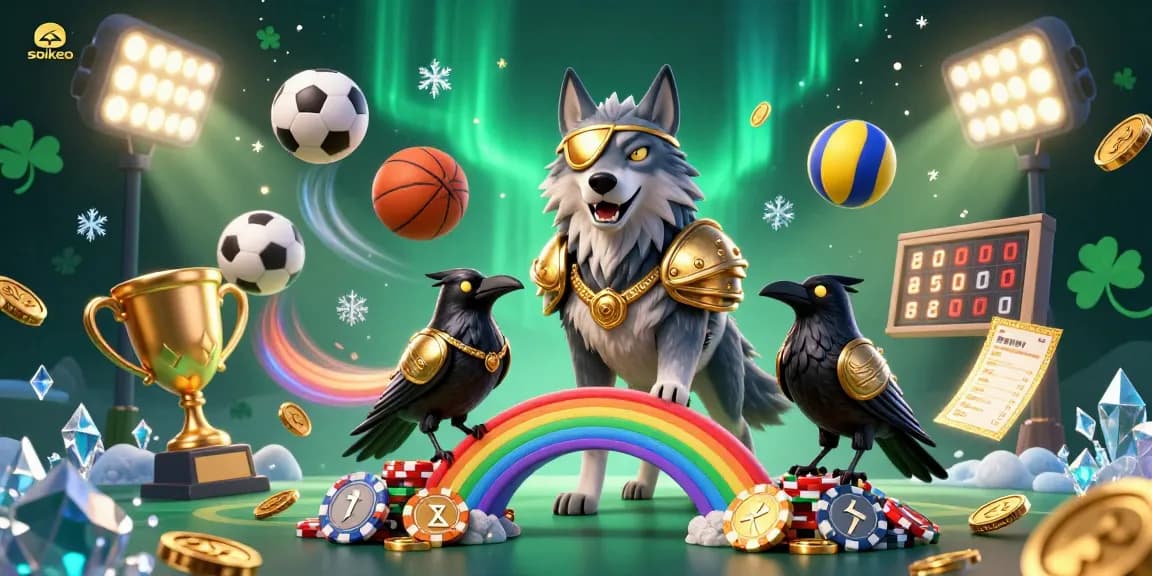 Engage with soikeo's sports betting dynamic scene showcasing an Odin wolf and ravens amidst casino elements.