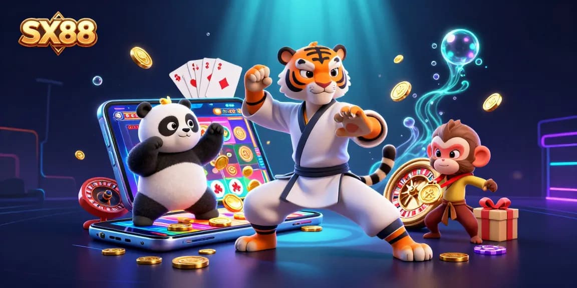 Engage in thrilling gameplay with SX88, featuring vibrant slot games and animated characters.