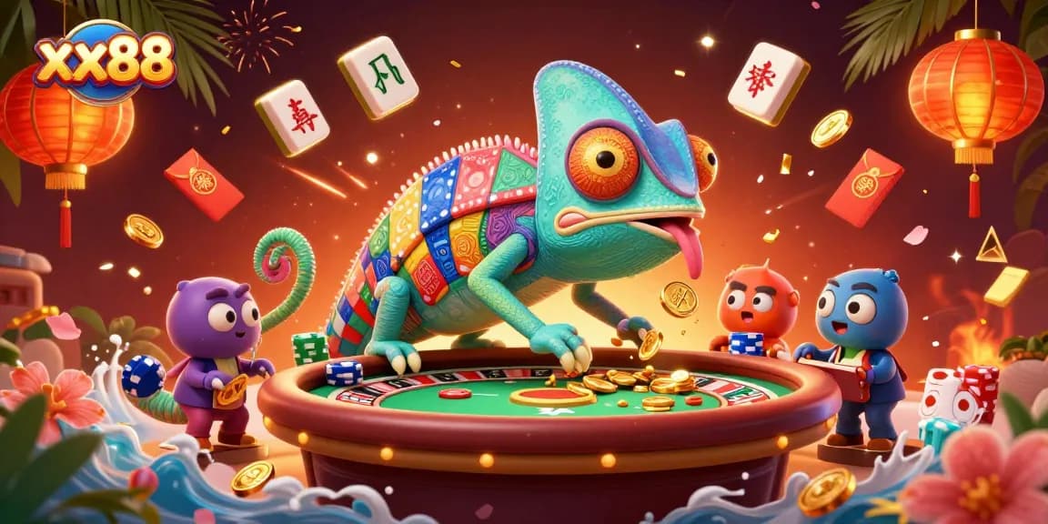 Experience the vibrant xx88 casino world with a dynamic chameleon owner and festive elements.