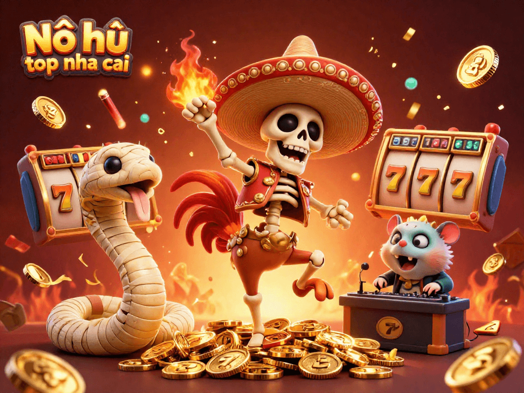 Nổ hũ top nha cai celebrates with a vibrant 3D illustration featuring a mariachi rooster, a mummy snake, and a DJ hamster surrounded by jackpot symbols.