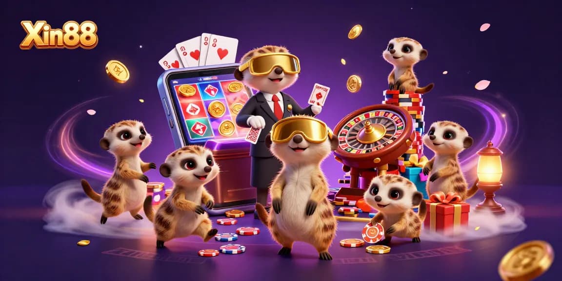 Experience the vibrant world of Xin88 with meerkats managing a lively casino scene full of excitement and games.