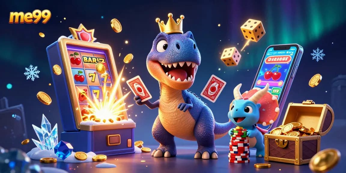Experience the excitement of me99 online with a fun dinosaur-themed casino scene including slots, cards, and chips.
