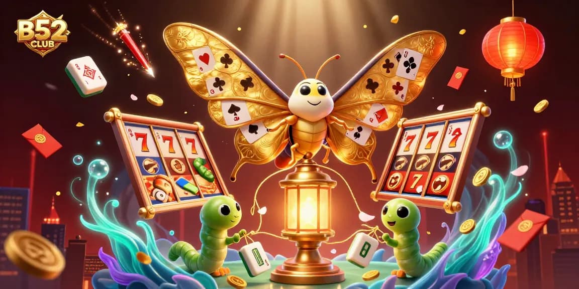 B52CLUB showcases a 3D illustration featuring vibrant casino scenes with a majestic atlas moth and dynamic slot game elements.
