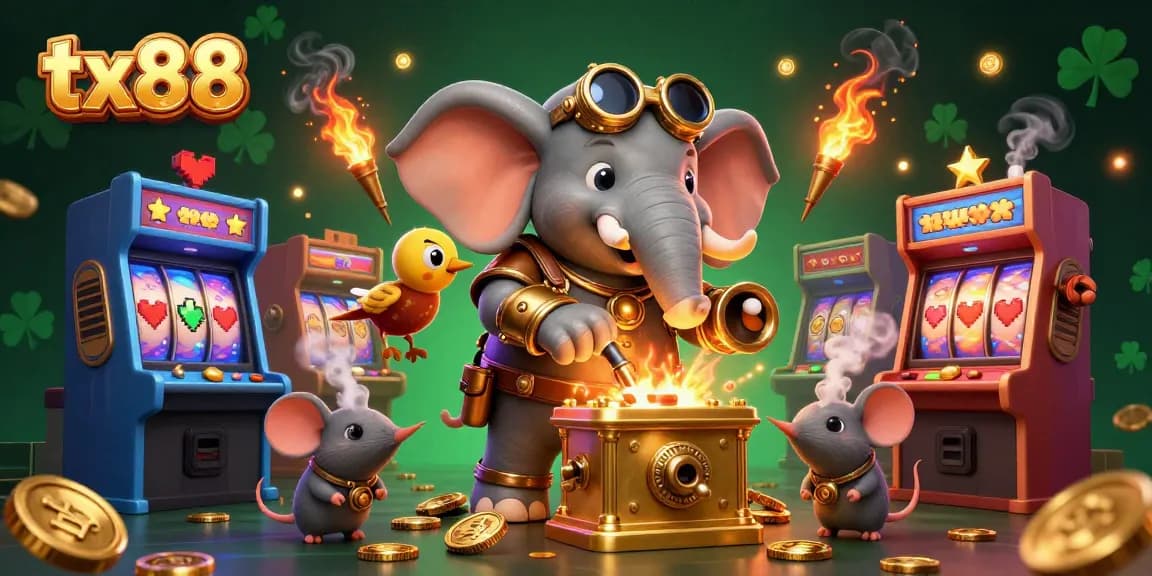 Experience exciting slots with tx88's dynamic steampunk scene of an elephant engineer at a golden slot machine.