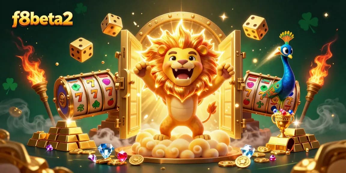 Play at f8beta2 with engaging casino artwork of a lion and golden treasures