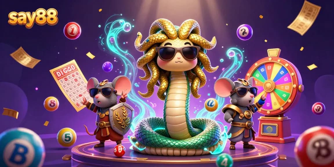 Engage with exciting games at say88, highlighted by vibrant lottery balls and a dynamic casino scene.