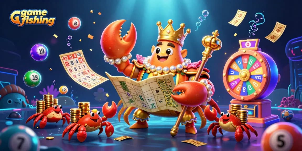 Engaging game fishing scene showcasing a golden crab emperor and vibrant lottery elements.