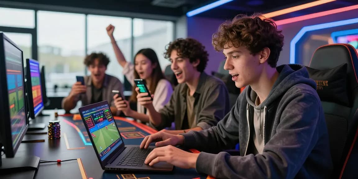 E2WIN - Người chơi cá cược trực tuyến phấn khích trong không gian hiện đại với nhiều màn hình và bạn bè.