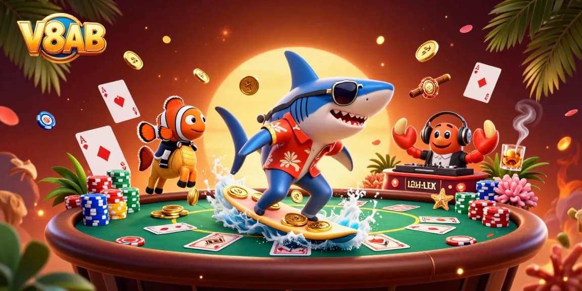 V8AB offers an exciting casino experience with poker action, colorful chips, and lively characters.