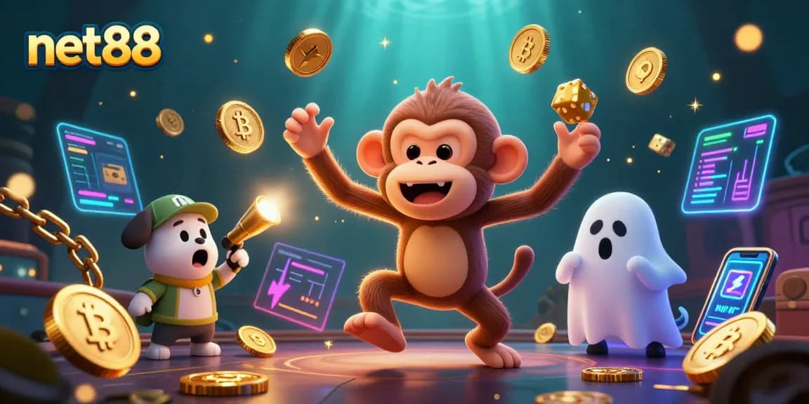 Experience net88's thrilling casino action with a mischievous monkey and a ghost-hunter puppy.