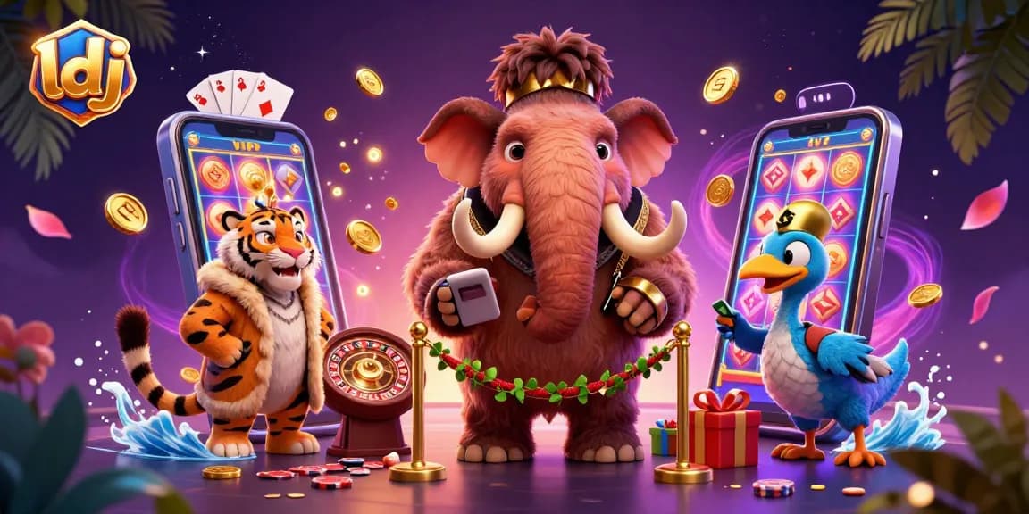 ldj offers a vibrant casino experience with a cartoon bouncer at the entrance, surrounded by vibrant slot game graphics.