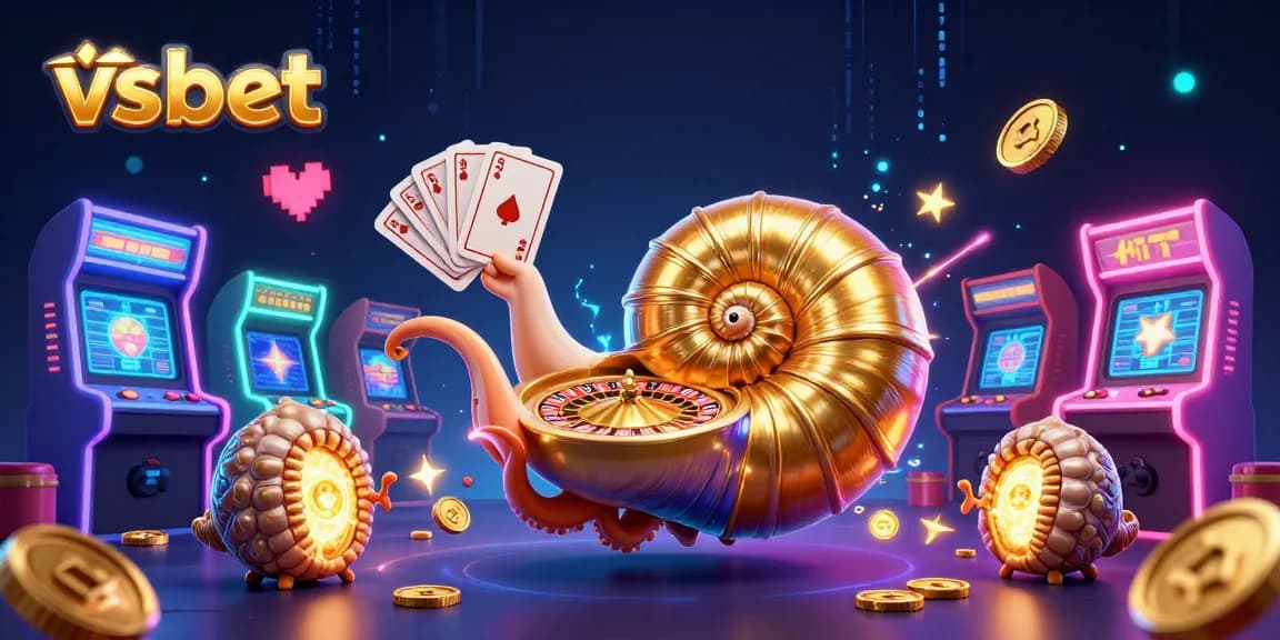 Engage with vsbet in an exhilarating 3D scene showcasing a giant nautilus as a roulette wheel amidst vibrant casino elements.