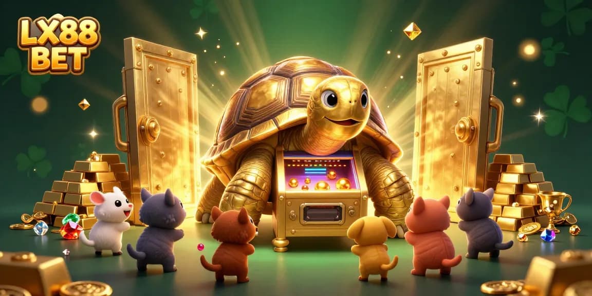 Experience the thrill with LX88 BET as the colossal tortoise and friends celebrate jackpots surrounded by treasures.