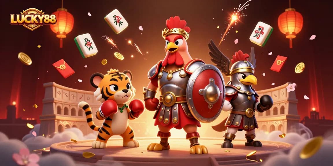 Engage with LUCKY88 in a vibrant 3D casino illustration featuring a rooster warrior.