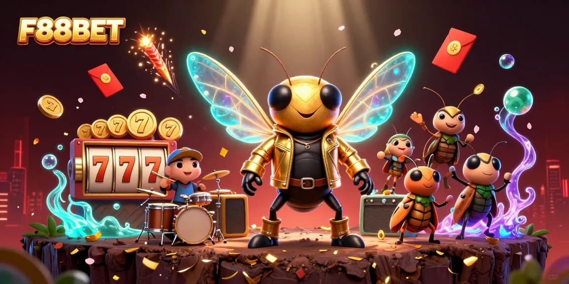 Experience the excitement of F88BET with a vibrant 3D casino scene featuring a rock star and dynamic game elements.