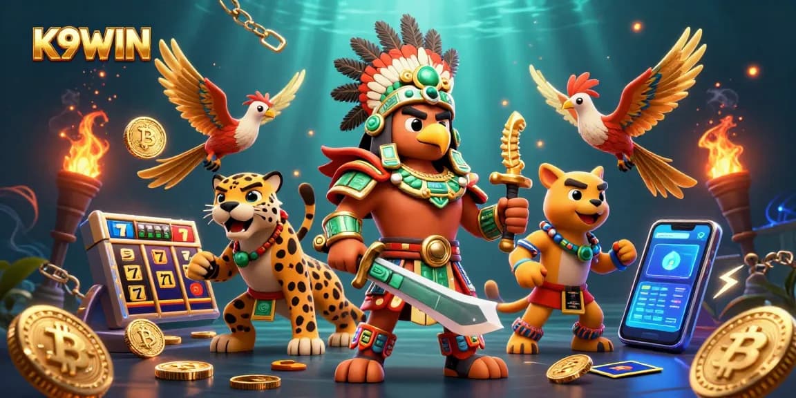 K9WIN slot game featuring Aztec warrior surrounded by dynamic jackpot elements and cryptocurrency coins.