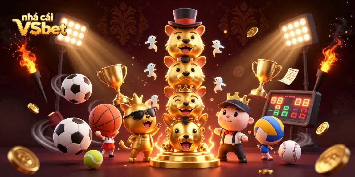 Engage with the dynamic scene of nhà cái VSbet illustrated in vivid 3D showcasing golden totem, sports elements, and glimmering coins.