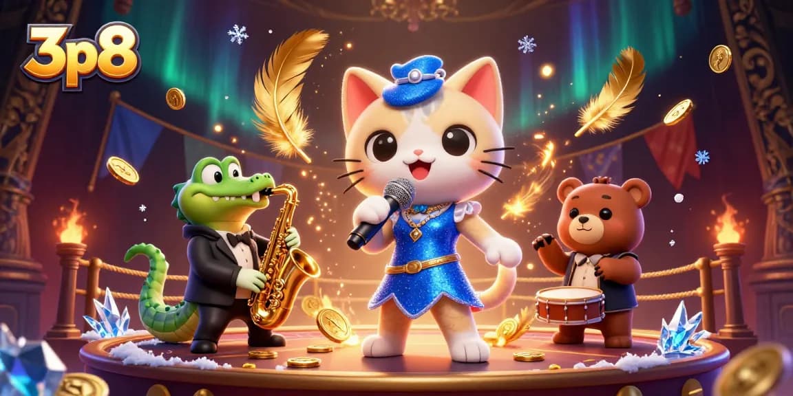 Experience the dynamic energy of 3p8 with a jazz-singer cat, crocodile, and bear cub in a lively casino backdrop.
