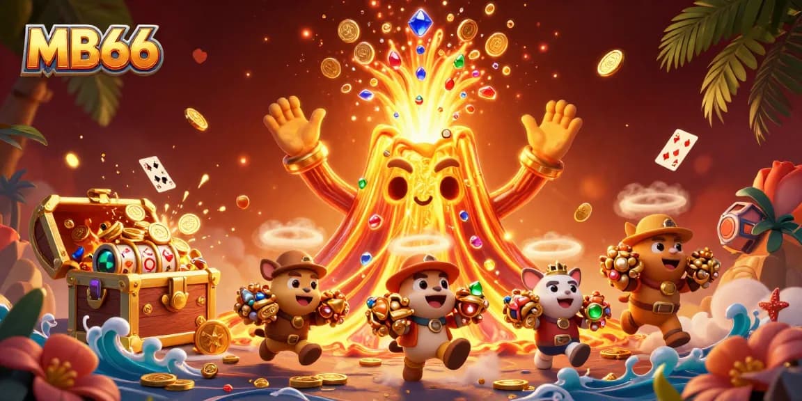Join the excitement at MB66 as a golden volcano erupts in treasure, showcasing thrilling casino gaming!