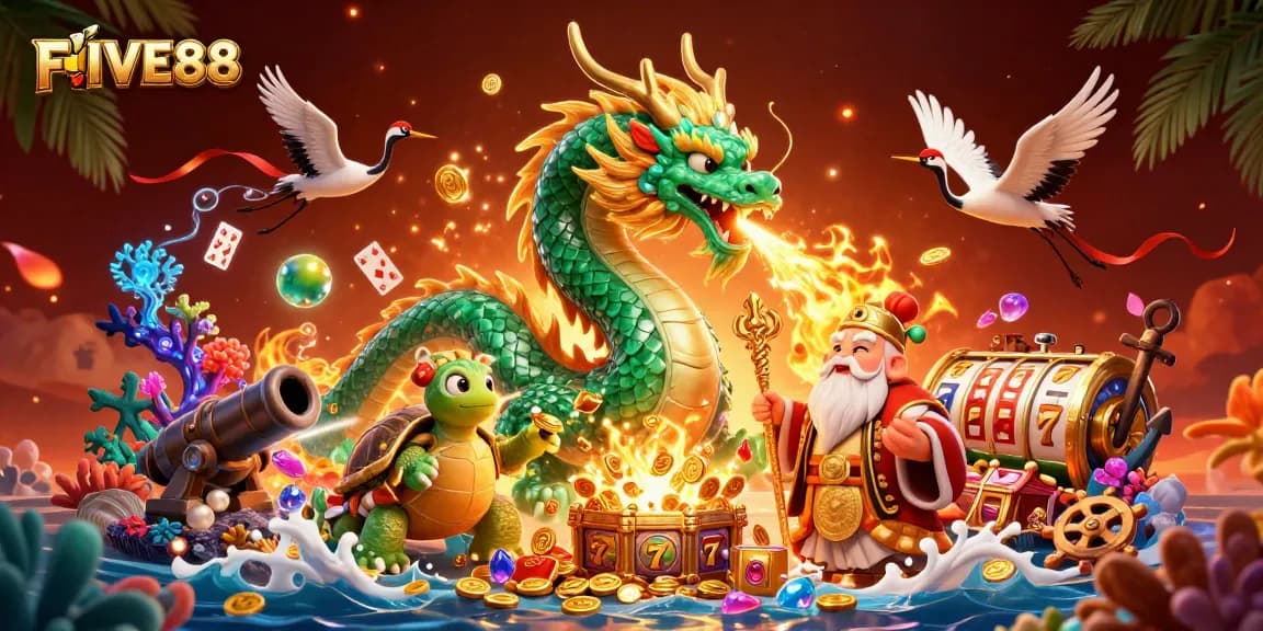 Experience the excitement of FIVE88 with a jade dragon, treasures, and lively casino elements.