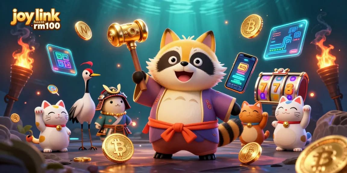 Witness the excitement of gambling with joy link free credit rm100 in this vibrant casino-themed illustration.