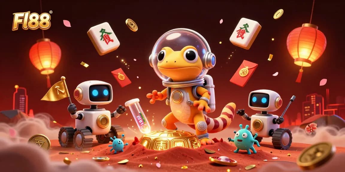 Fl88 highlights an alien gecko uncovering a golden casino in Martian sands, spreading festive cheer.