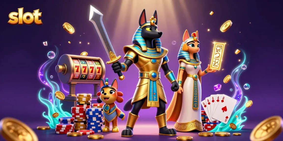 Spin exciting slot games with Anubis and Bastet, surrounded by gold coins and roulette.