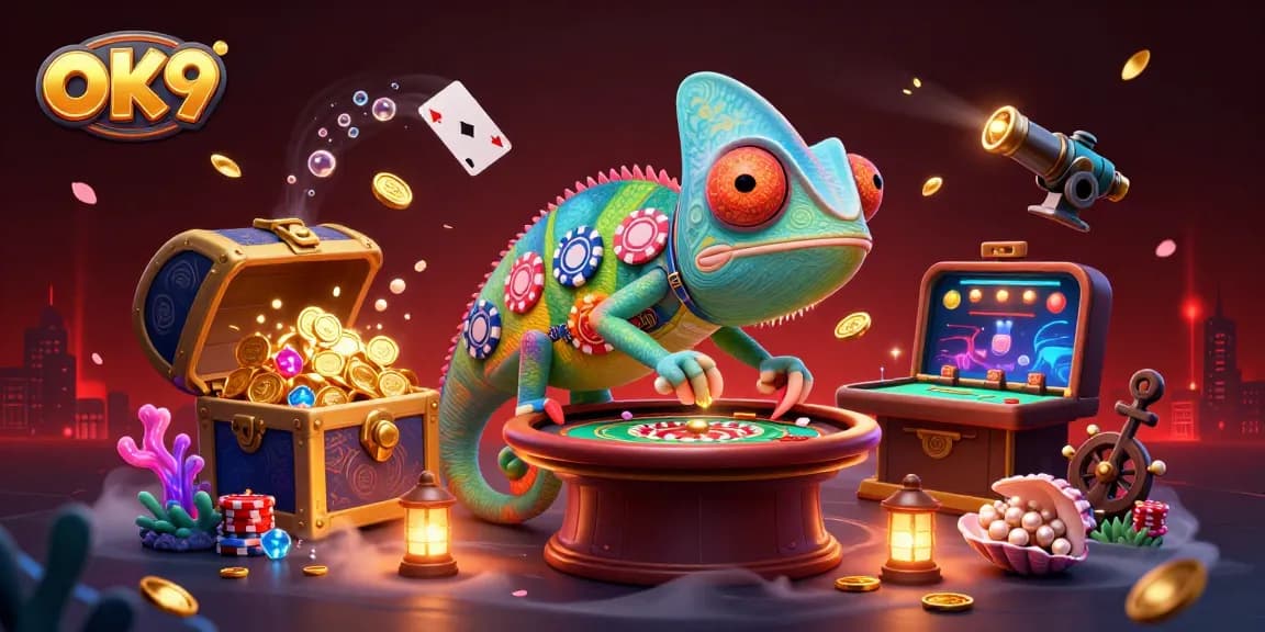 Engage in exciting gaming at OK9 with a vibrant chameleon showcasing riches.