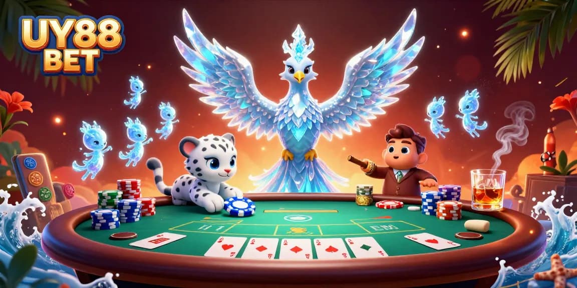 Engage in the excitement of UY88 BET with a vibrant 3D casino illustration featuring dynamic characters and poker elements.