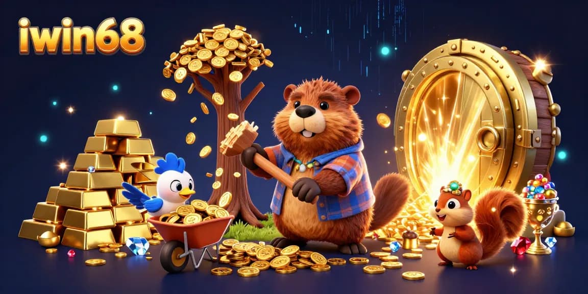 Engage with iwin68 in a vibrant 3D casino scene, where our cartoon beaver character delights in golden coin rewards