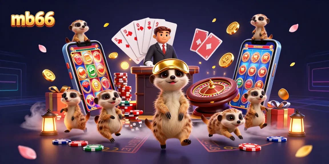 Experience the thrilling mb66 casino atmosphere with playful meerkats managing games, surrounded by vibrant slot action.