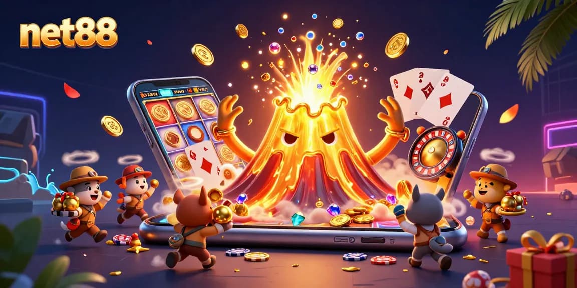 Experience the thrill of net88 with a vibrant scene of treasure and excitement erupting from a volcano!
