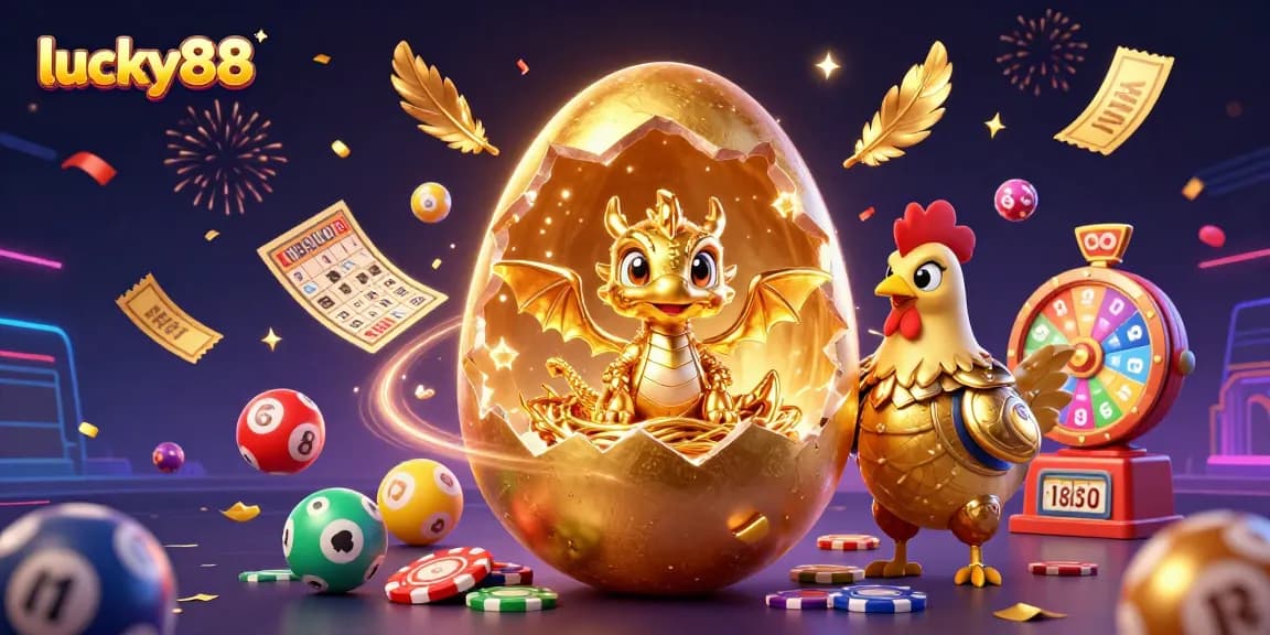 Experience lucky88's golden gaming world with a baby dragon amidst vibrant lottery elements and money rain.